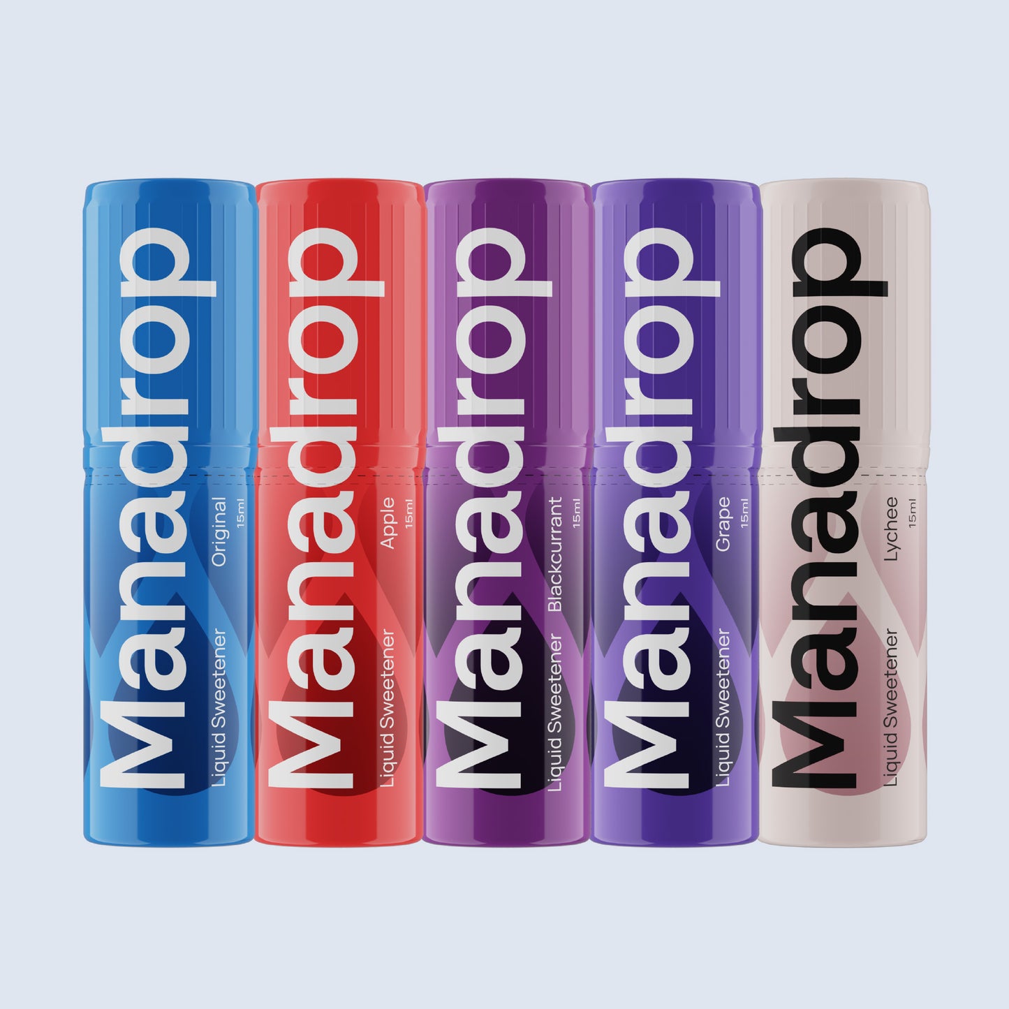 Five Manadrop liquid sweetener bottles in different colors on a light gray background