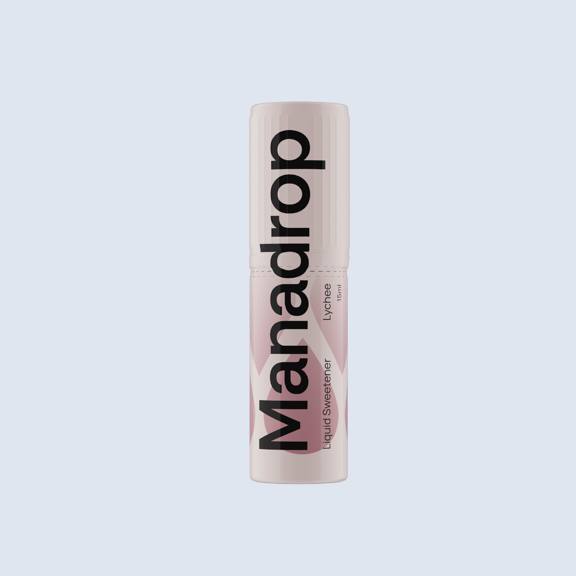 Manadrop lychee flavour liquid sweetener bottle on a light gray background