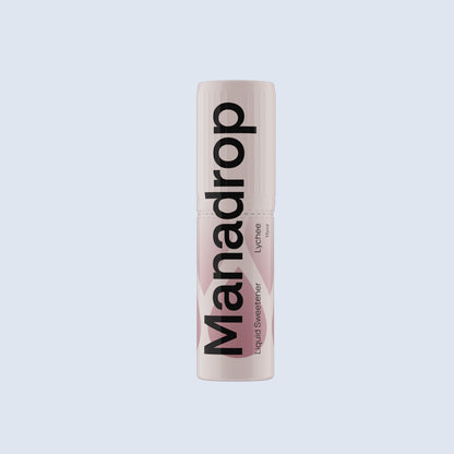 Manadrop lychee flavour liquid sweetener bottle on a light gray background