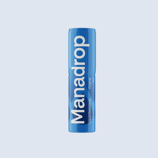 Manadrop original flavour liquid sweetener bottle on a light gray background